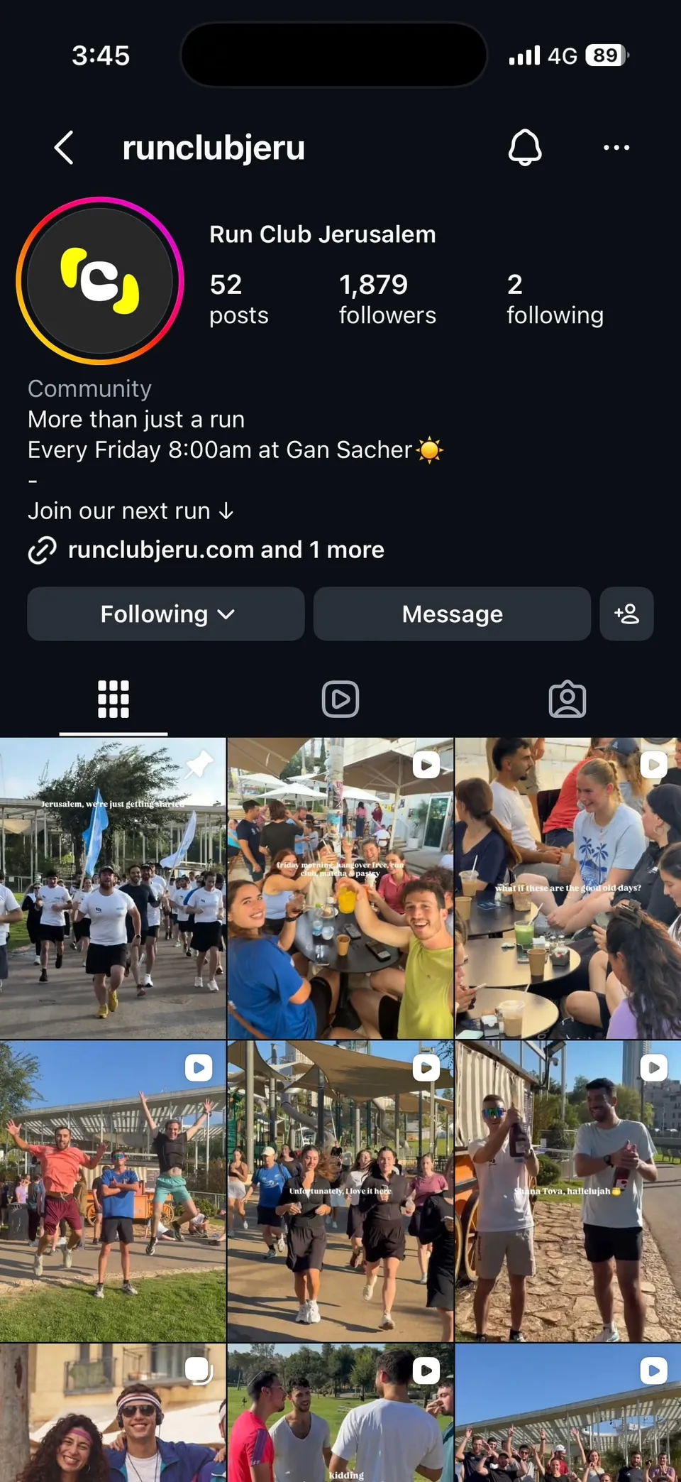 The @runclubjeru Instagram profile: Run Club Jerusalem, “More than just a run”, every Friday 8:00am at Gan Sacher.